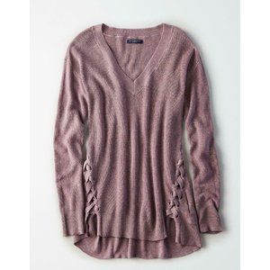 American Eagle Purple Vneck Lace Up Long Sweater